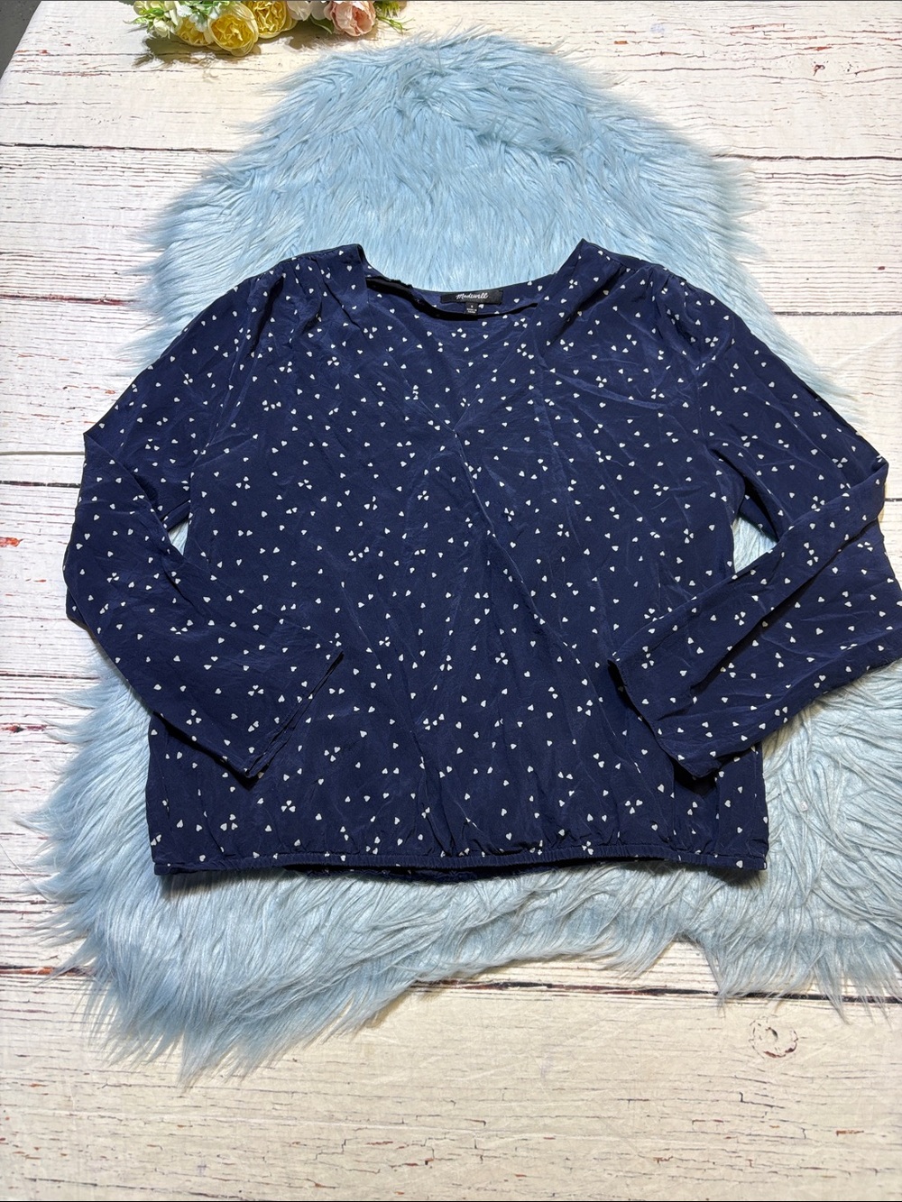 Madewell Silk Navy Long-Sleeve Top with White Heart Print Faux Wrap Sz S